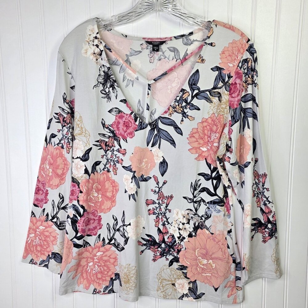 Guess Shirt Womens XL Pink Floral Strappy V Tunic Top Stretch Cottagecore Casual